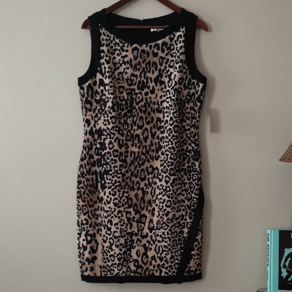 TanJay Tan & Black Leopard Print Sleeveless Sheath Midi Dress Size 8P New w/ Tag